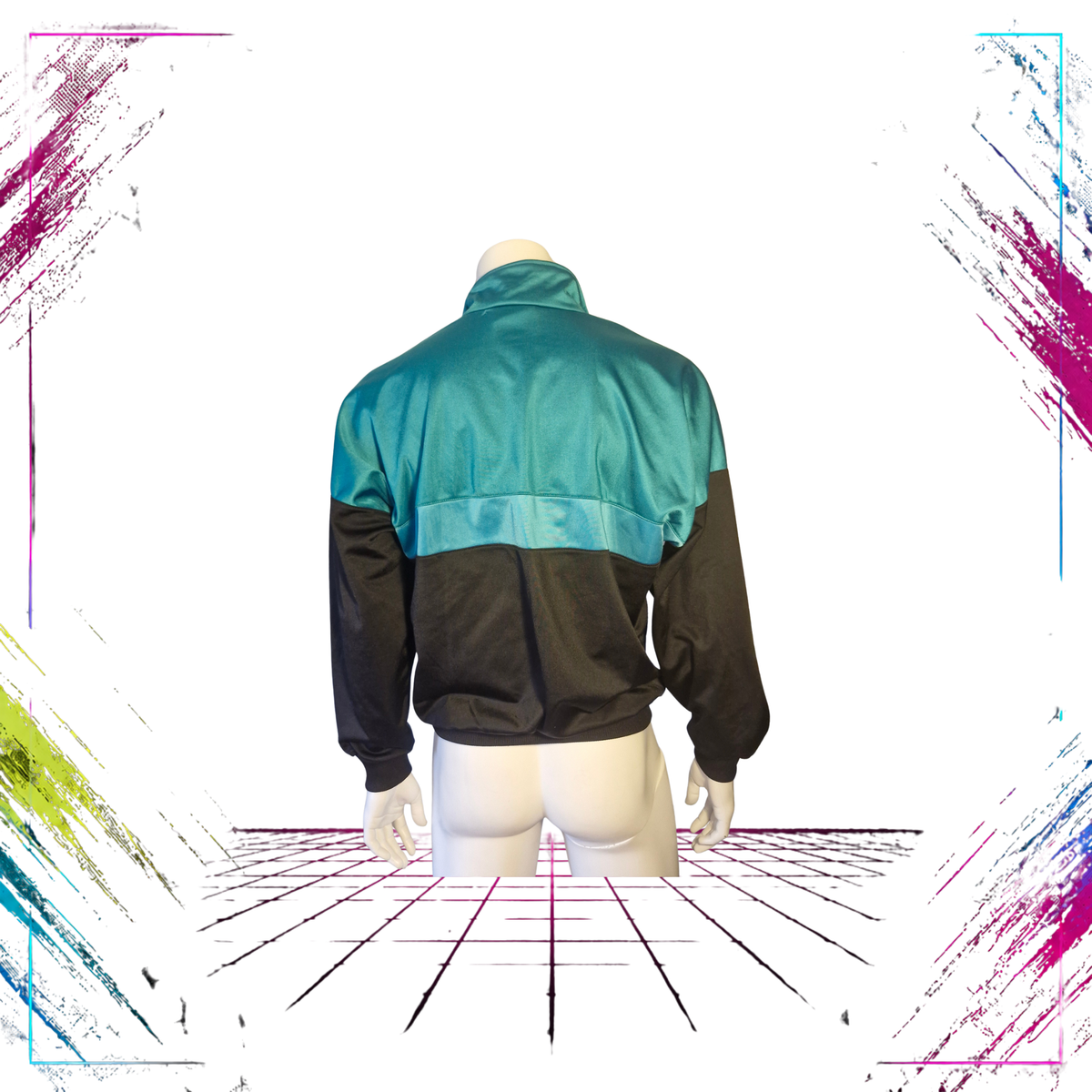 Late 80s Adidas Flag Tag geometric V-line track jacket — back view, black/red/white/green — ThePlugOfVintage
