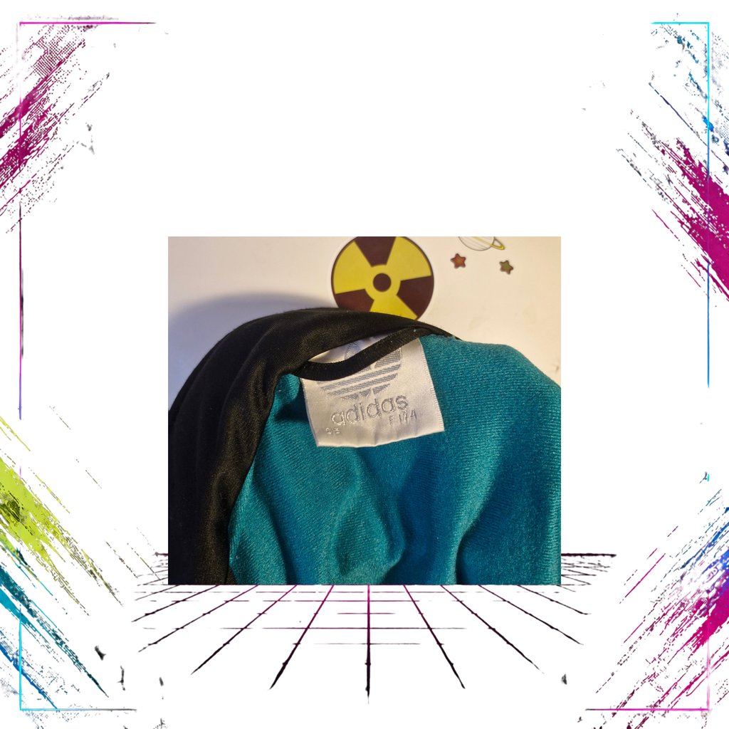 Late 80s Adidas Flag Tag geometric V-line track jacket — Adidas Flag Tag label detail — ThePlugOfVintage