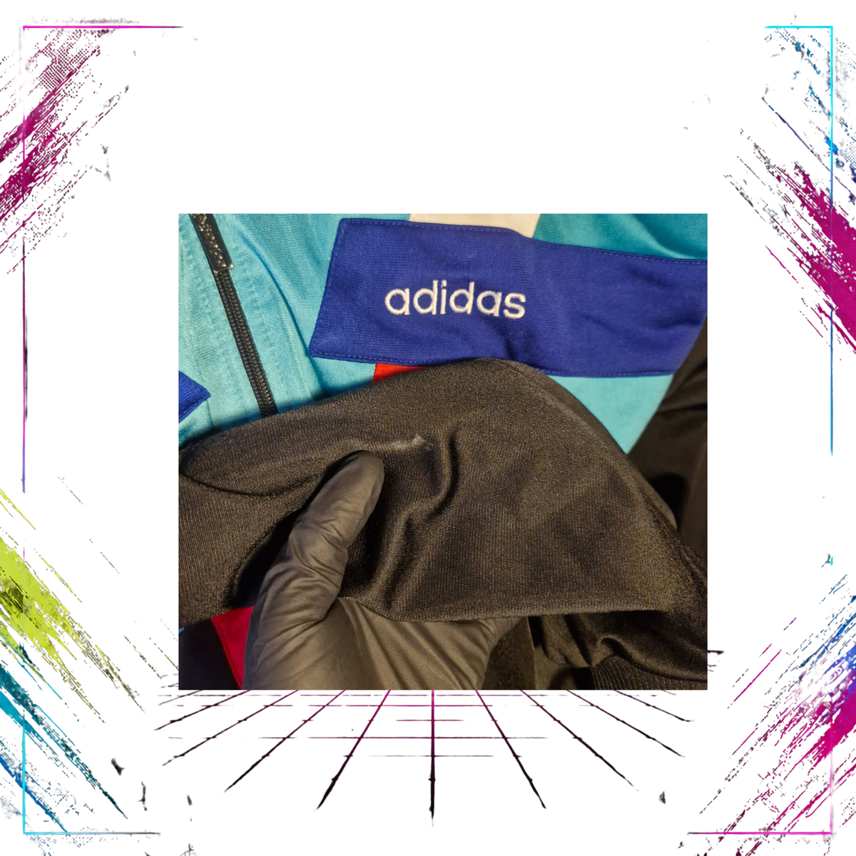Late 80s Adidas Flag Tag geometric V-line track jacket — right sleeve stain, honest condition documentation — ThePlugOfVintage