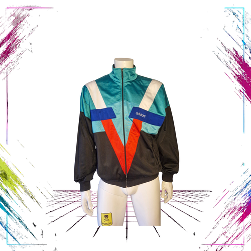 Late 80s Adidas Flag Tag geometric V-line track jacket — front open view, black/red/white/green — Size M — ThePlugOfVintage