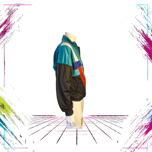 Late 80s Adidas Flag Tag geometric V-line track jacket — side view, black/red/white/green — ThePlugOfVintage