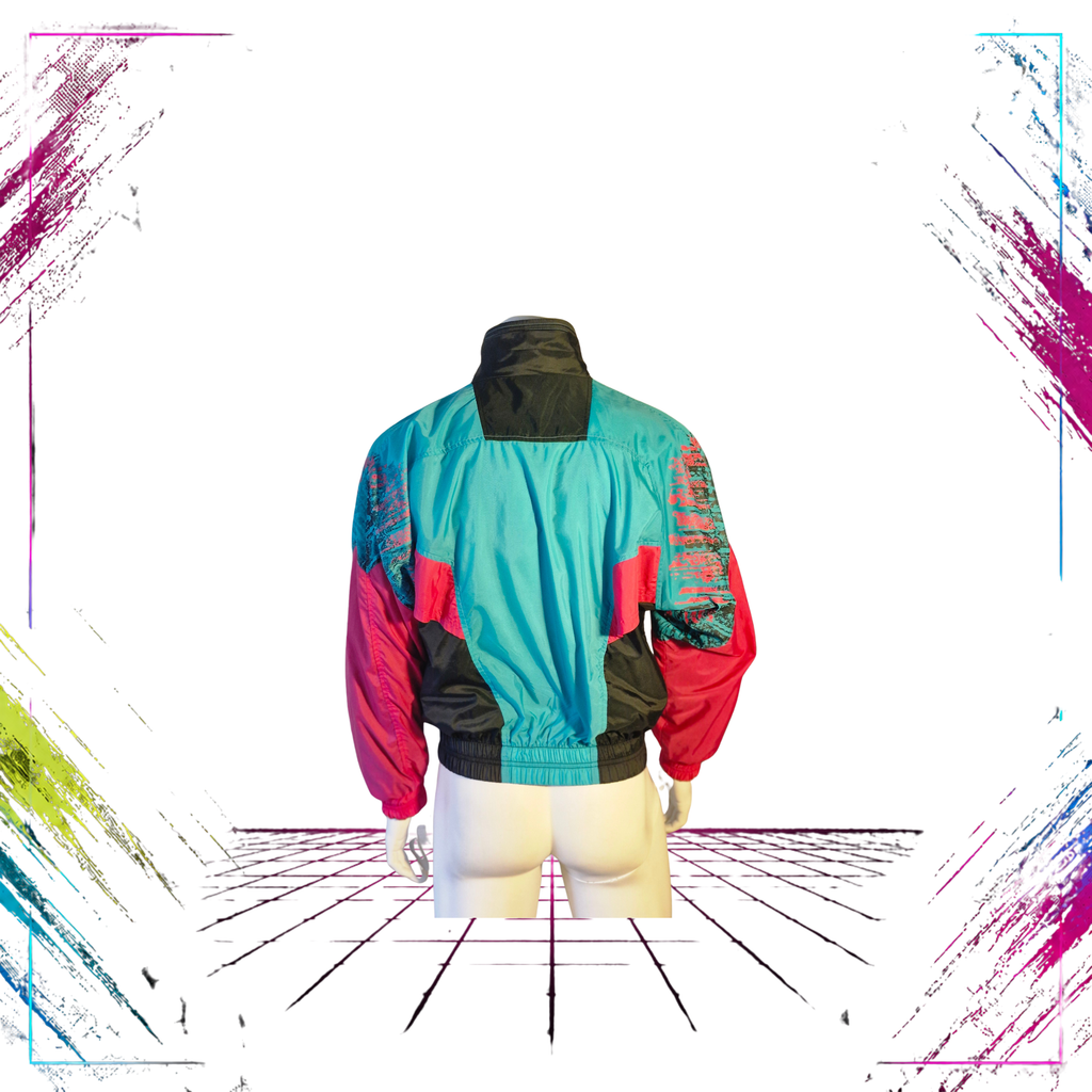 Late 80s Nike Grey Tag abstract neon colourblock windbreaker — back view, black/turquoise/neon pink — ThePlugOfVintage
