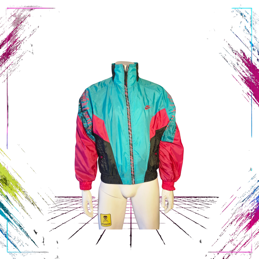Late 80s Nike Grey Tag abstract neon colourblock windbreaker — front closed view, black/turquoise/neon pink — ThePlugOfVintage