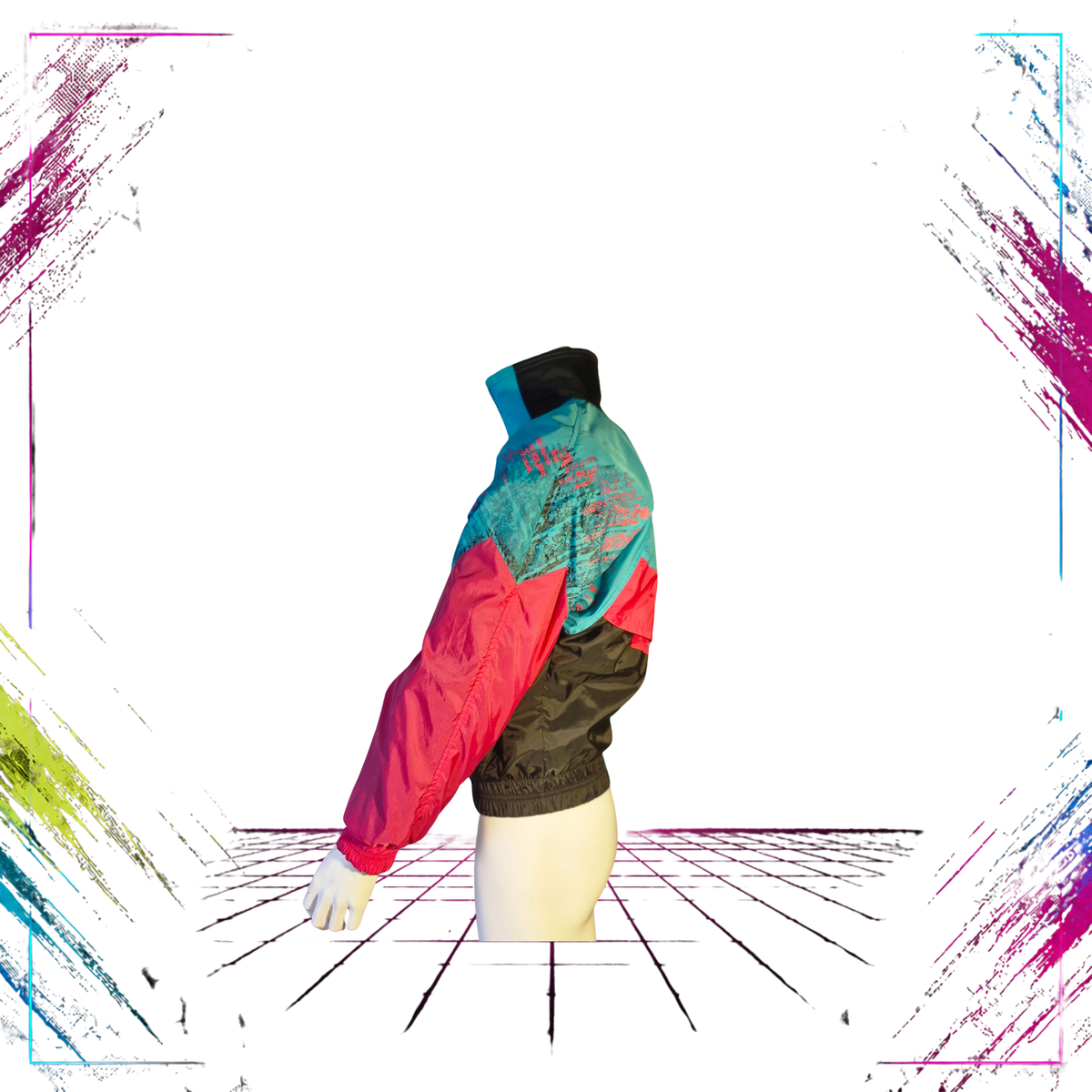 Late 80s Nike Grey Tag abstract neon colourblock windbreaker — side abstract graphic detail — ThePlugOfVintage