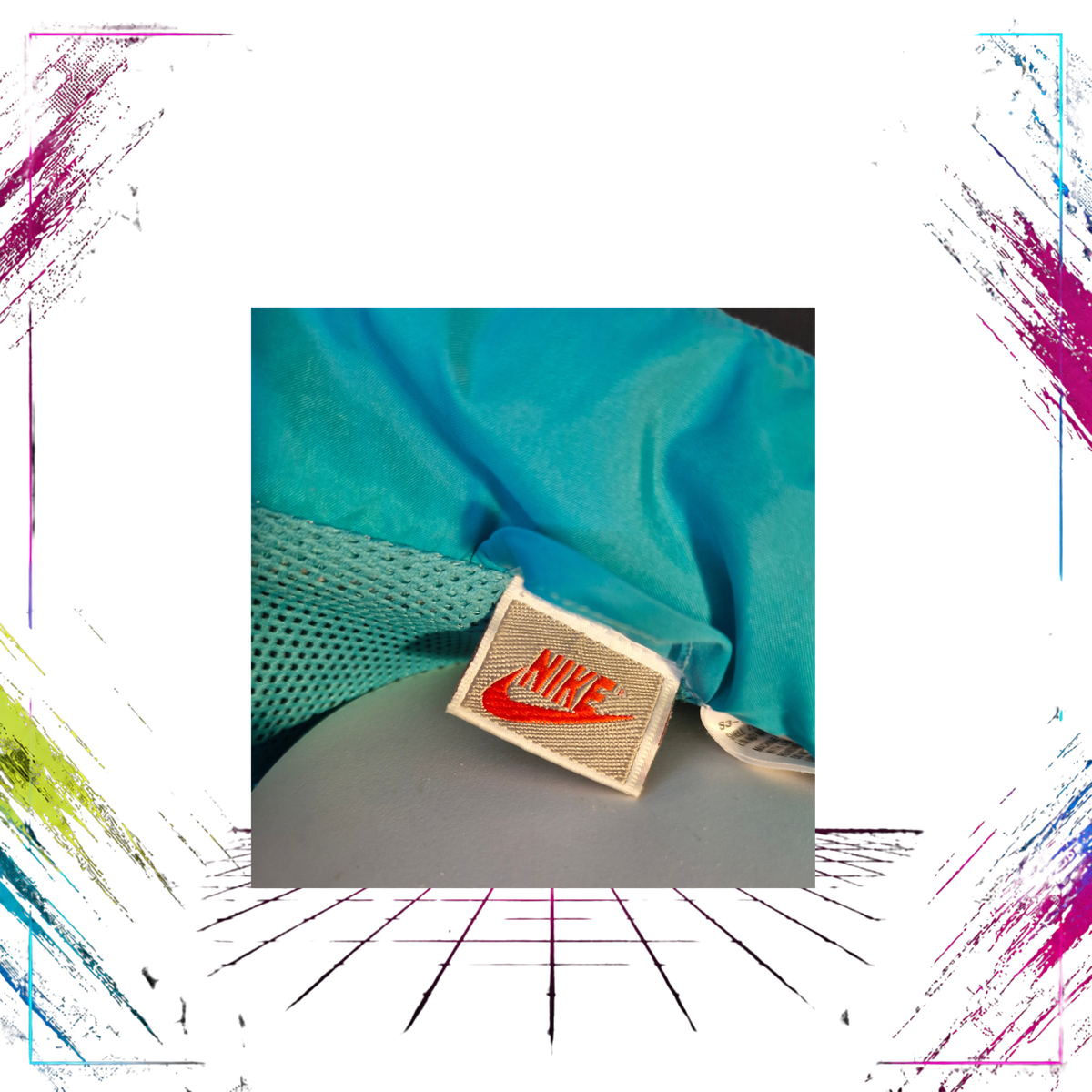 Late 80s Nike Grey Tag abstract neon colourblock windbreaker — Nike Grey Tag label detail — ThePlugOfVintage