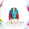 Late 80s Nike Grey Tag abstract neon colourblock windbreaker — front open view, black/turquoise/neon pink — Size S — ThePlugOfVintage