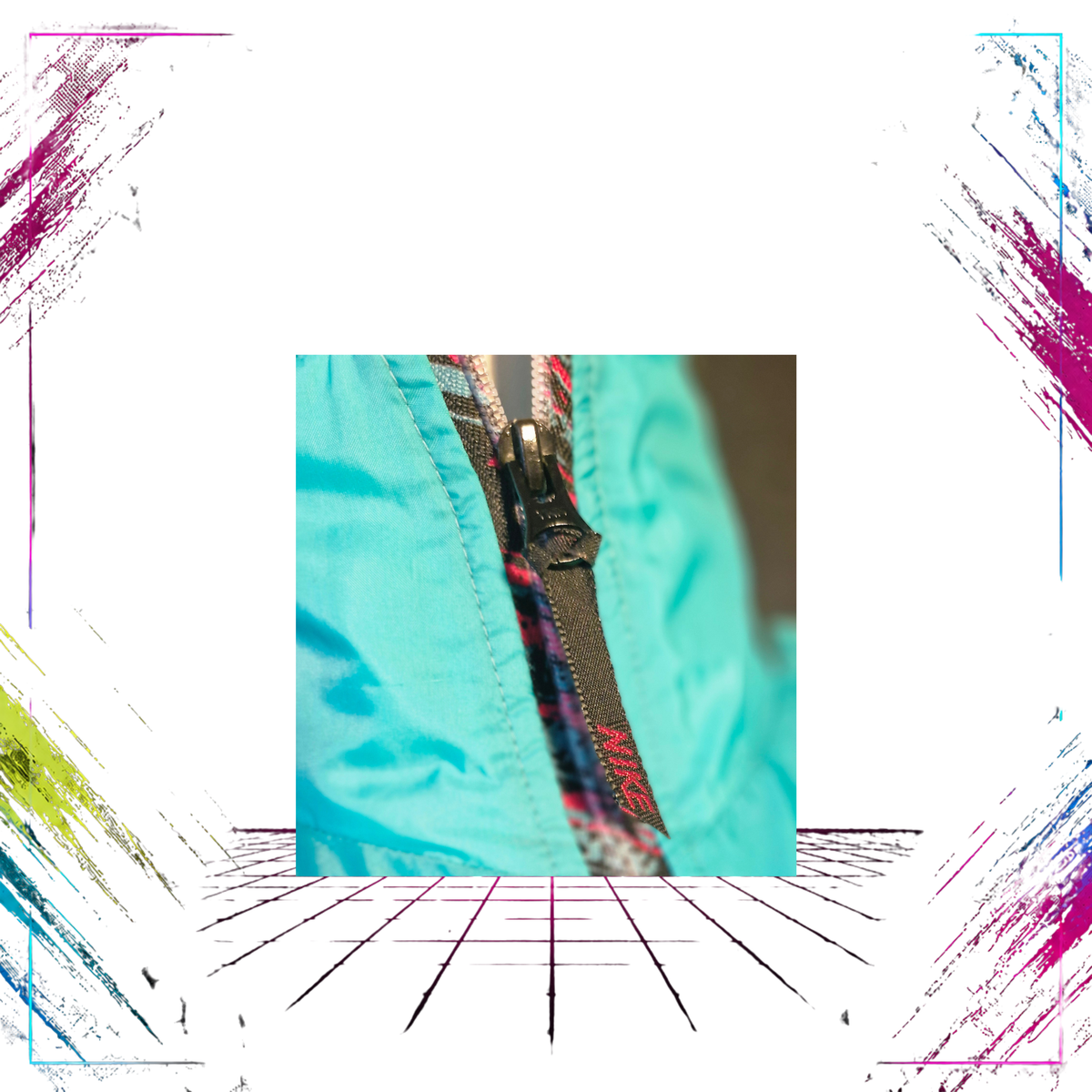 Late 80s Nike Grey Tag abstract neon colourblock windbreaker — zipper detail — ThePlugOfVintage