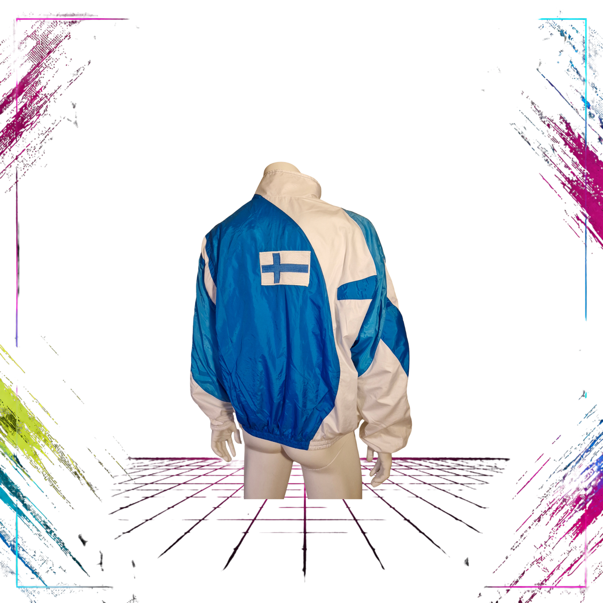 Late 80s Nike Silver Tag Finland National Team warm-up jacket — back view with embroidered Finnish flag — ThePlugOfVintage