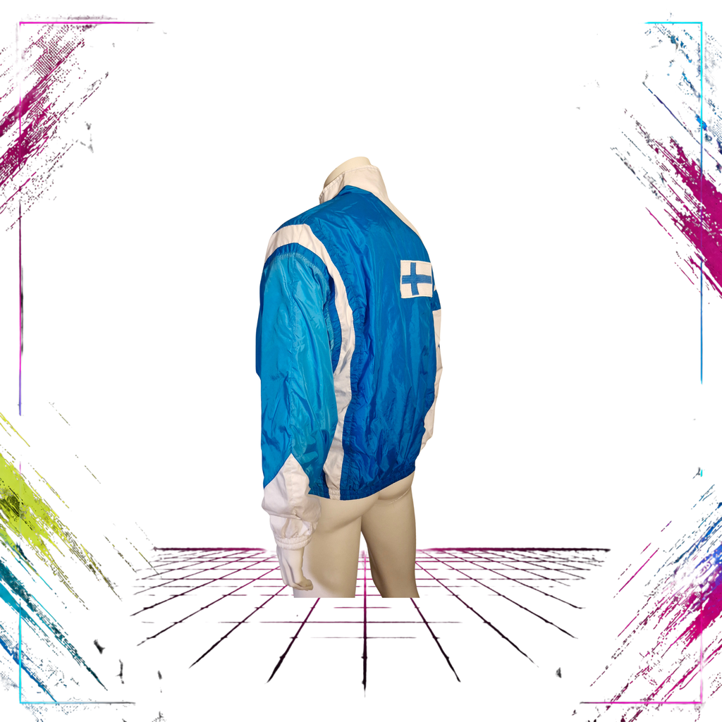 Late 80s Nike Silver Tag Finland National Team warm-up jacket — back/front detail view — ThePlugOfVintage