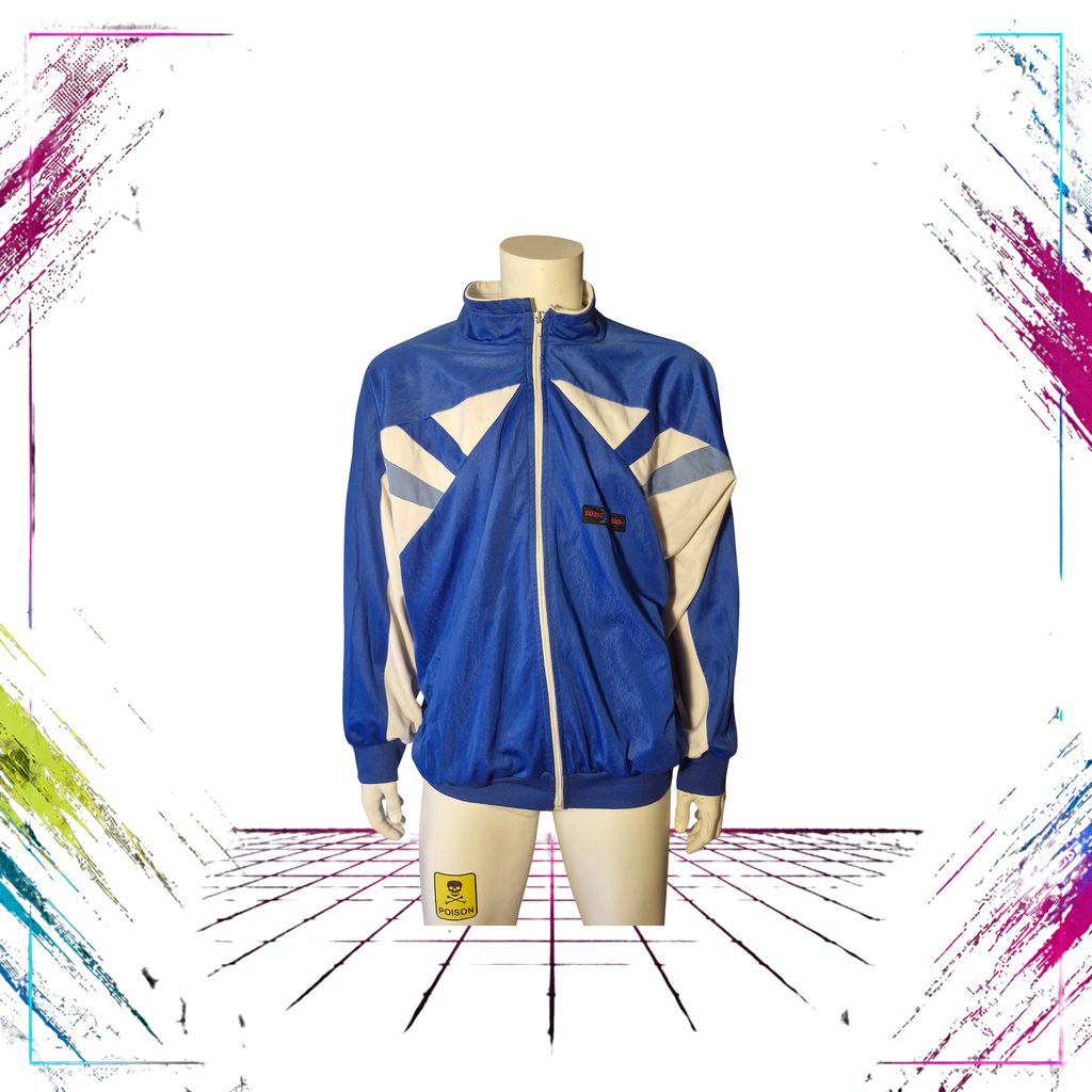 Late 80s Triplex geometric V-line triacetate track jacket — front closed view, blue/white — ThePlugOfVintage