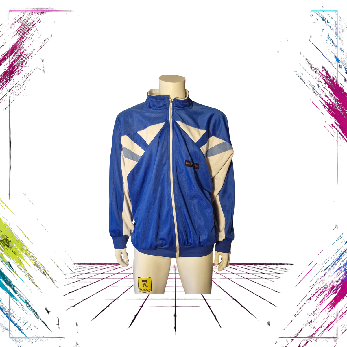 Late 80s Triplex geometric V-line triacetate track jacket — front closed view, blue/white — ThePlugOfVintage