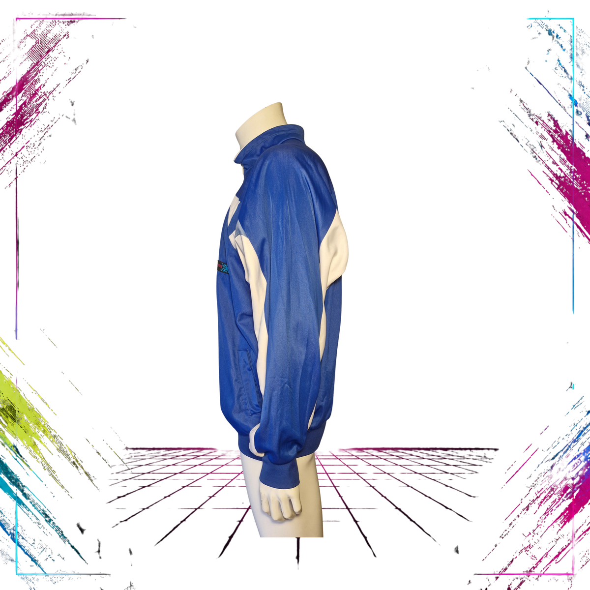 Late 80s Triplex geometric V-line triacetate track jacket — side view, blue/white — ThePlugOfVintage