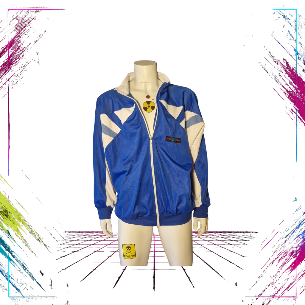 Late 80s Triplex geometric V-line triacetate track jacket — front open view, blue/white — Size XL — ThePlugOfVintage