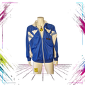Late 80s Triplex geometric V-line triacetate track jacket — front open view, blue/white — Size XL — ThePlugOfVintage