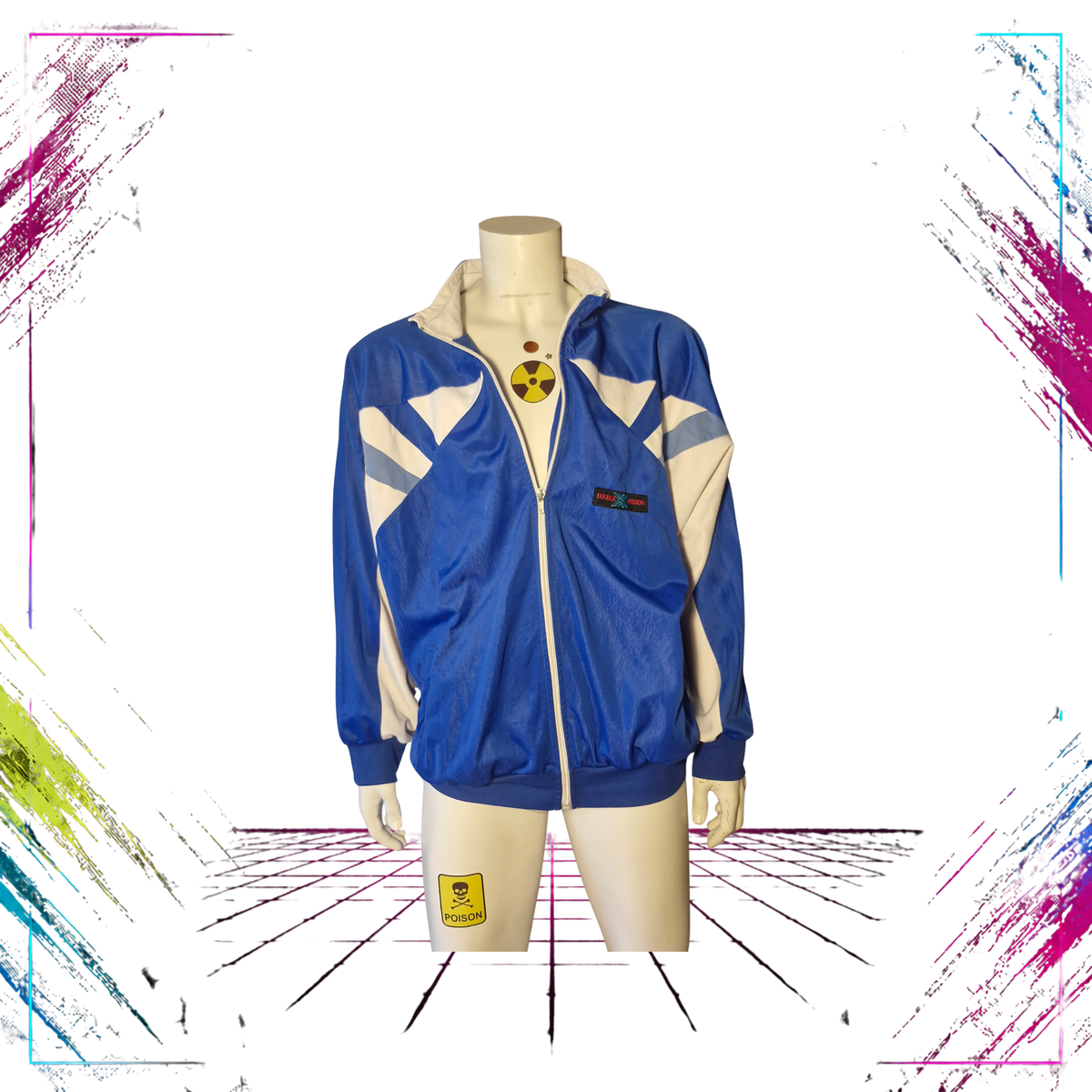 Late 80s Triplex geometric V-line triacetate track jacket — front open view, blue/white — Size XL — ThePlugOfVintage