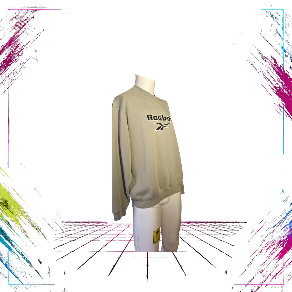 Late 90s Reebok Essentials embroidered heavyweight crewneck — side view, grey/olive-green, oversize S — ThePlugOfVintage
