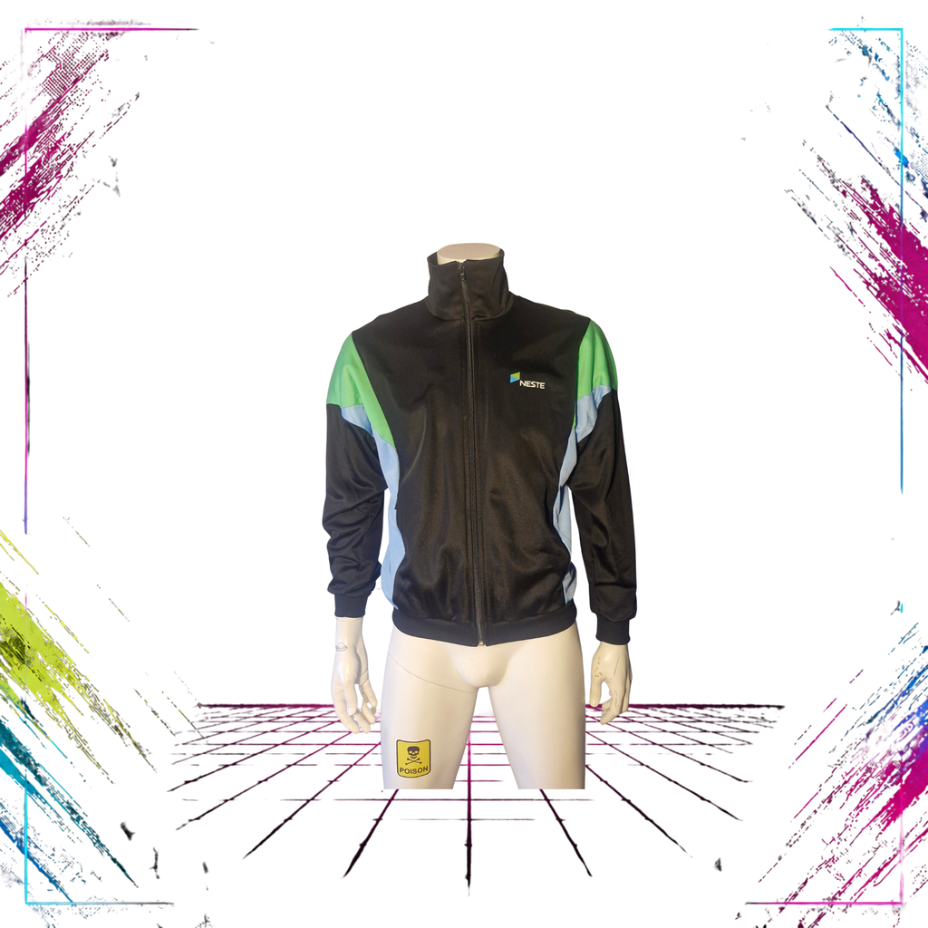 Mid 90s NESTE Oil Finland corporate track jacket — front closed view, black/green/turquoise — ThePlugOfVintage
