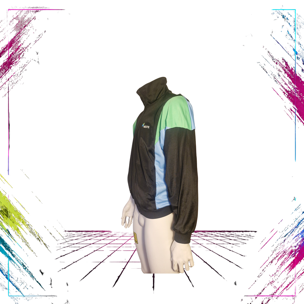 Mid 90s NESTE Oil Finland corporate track jacket — left side view, black/green/turquoise — ThePlugOfVintage