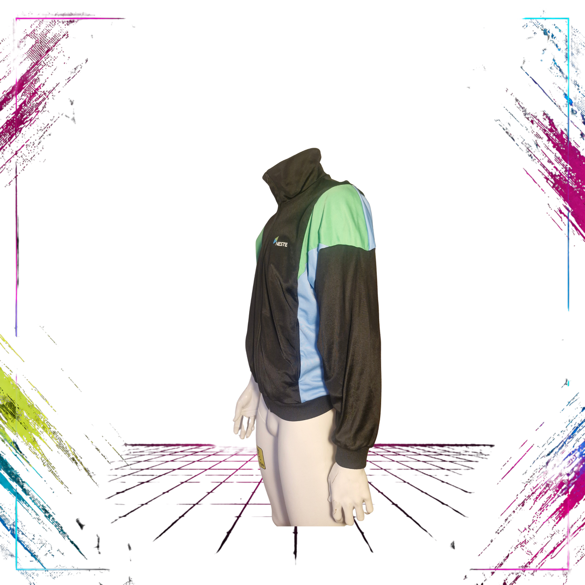 Mid 90s NESTE Oil Finland corporate track jacket — left side view, black/green/turquoise — ThePlugOfVintage