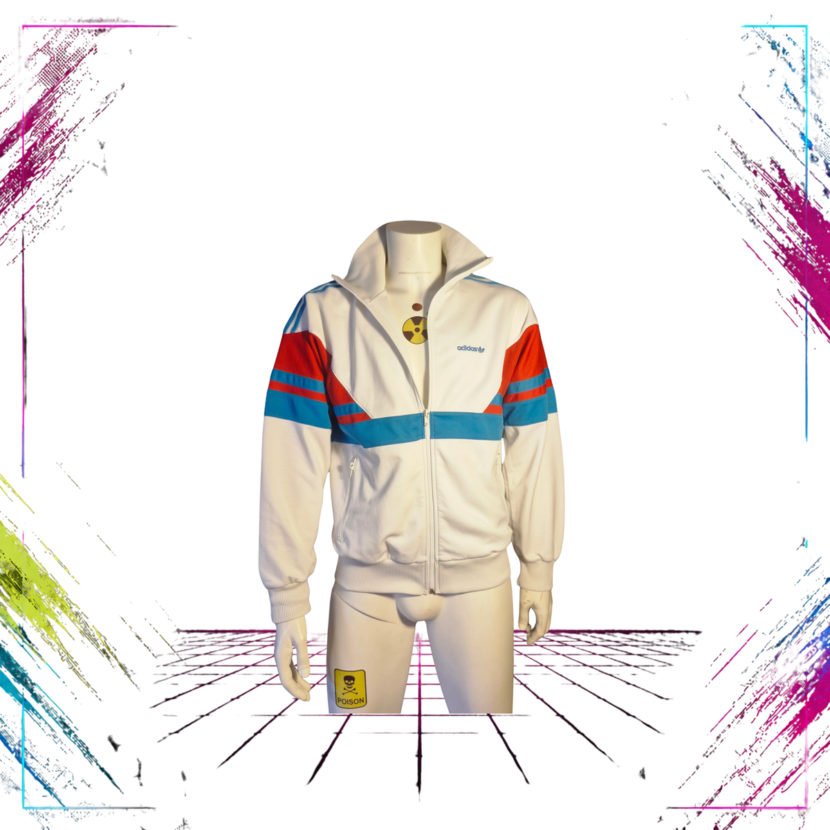 Mid 80s Adidas colourblock track jacket — front view, white/red/light blue — Made in West Germany — Size S — ThePlugOfVintage