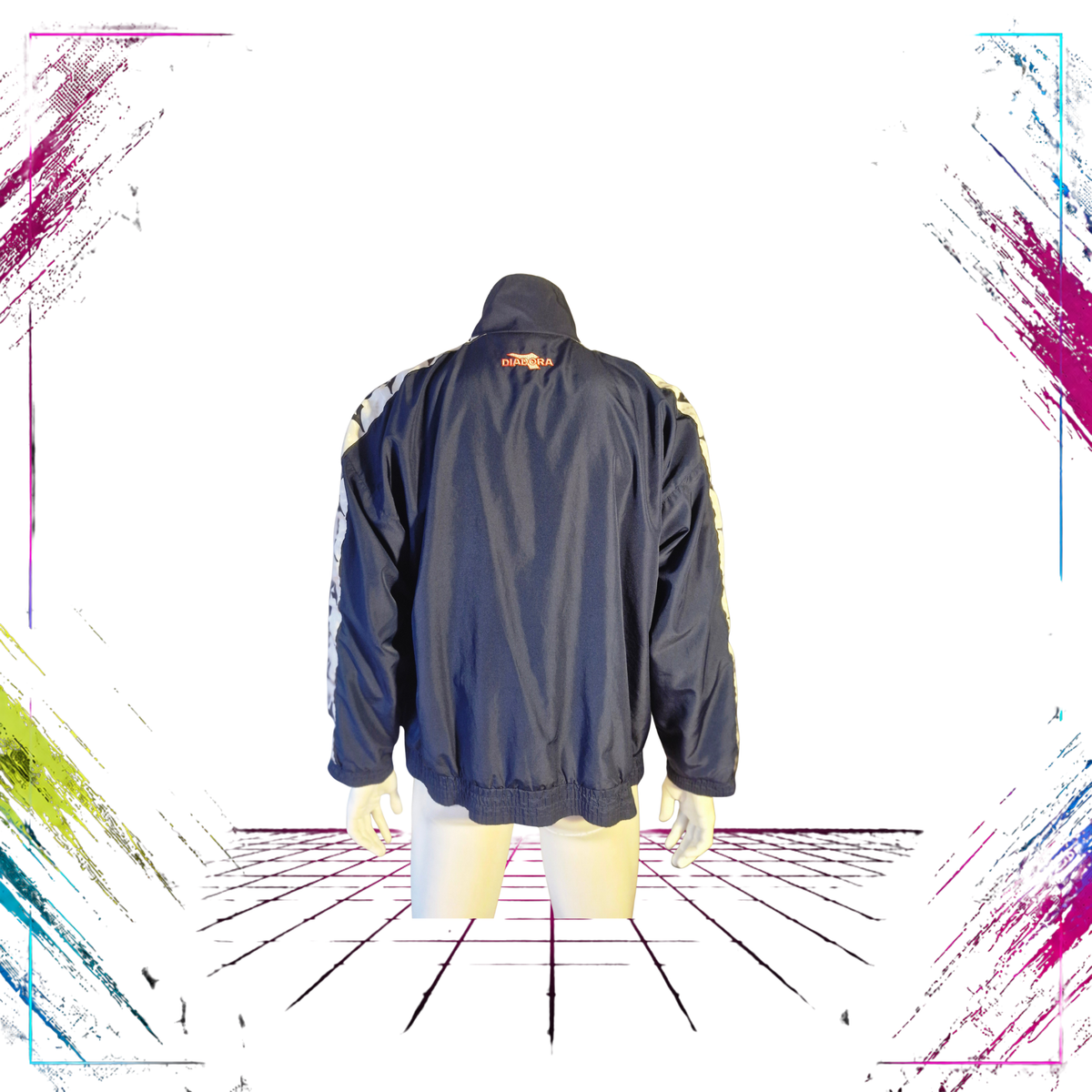 Mid 90s Diadora Light Your Fire logo-tape track jacket — back view, dark navy/white/grey/red — ThePlugOfVintage