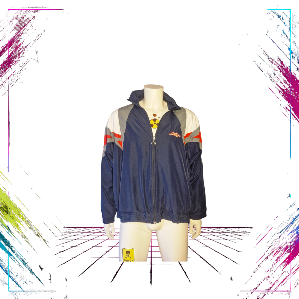 Mid 90s Diadora Light Your Fire logo-tape track jacket — front open view, dark navy/white/grey/red — Size M — ThePlugOfVintage
