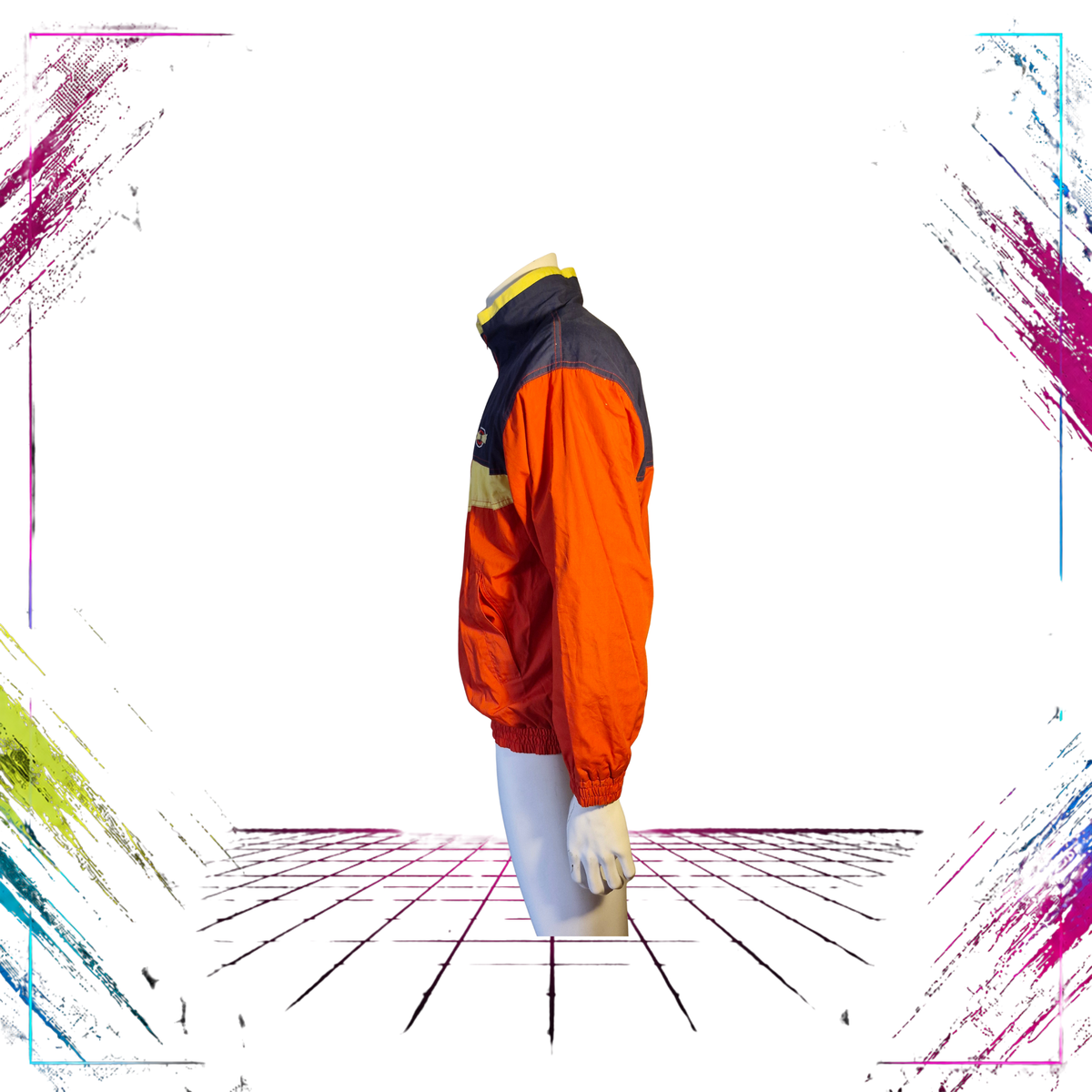 Mid-late 80s Sporttime colourblock windbreaker jacket — left side view, red/navy/yellow — ThePlugOfVintage