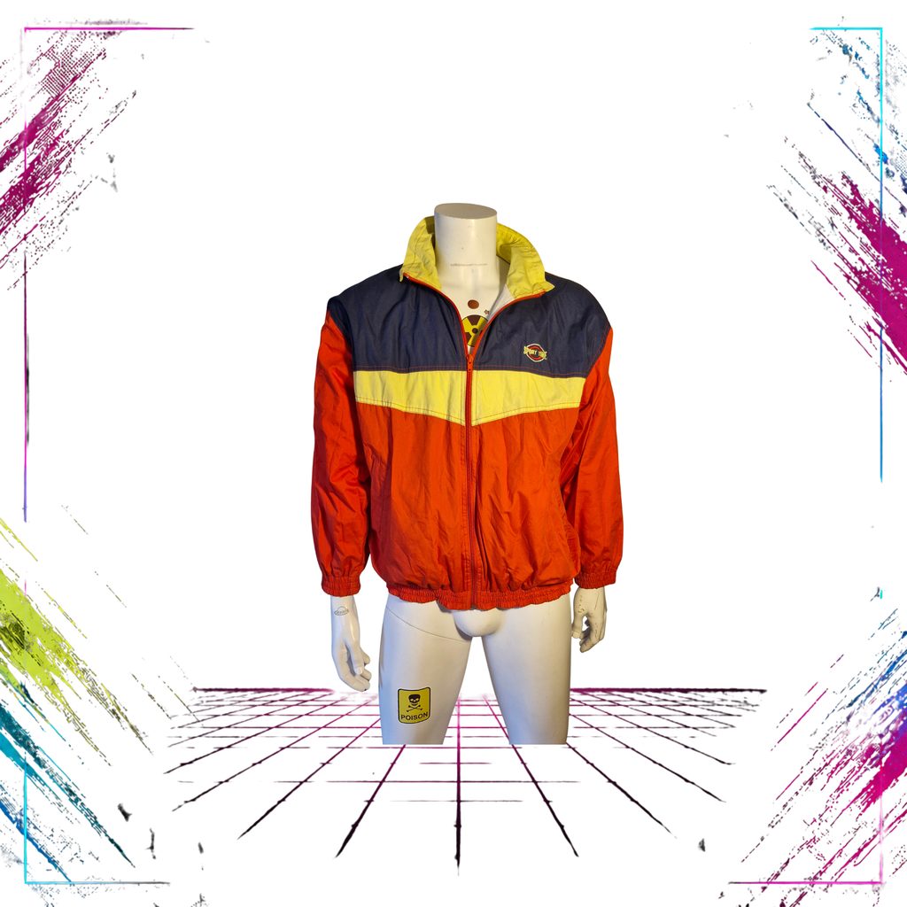 Mid-late 80s Sporttime colourblock windbreaker jacket — front open view, red/navy/yellow — Size M/L — ThePlugOfVintage