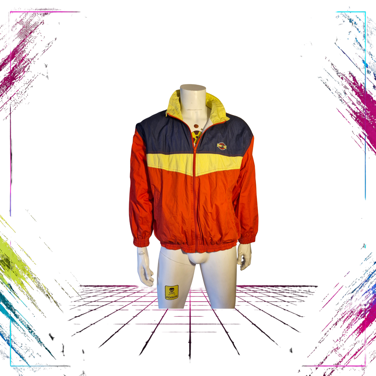 Mid-late 80s Sporttime colourblock windbreaker jacket — front open view, red/navy/yellow — Size M/L — ThePlugOfVintage