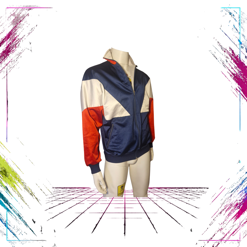 Late 80s early 90s Umbro colourblock track jacket — side view, dark navy/white/red — ThePlugOfVintage