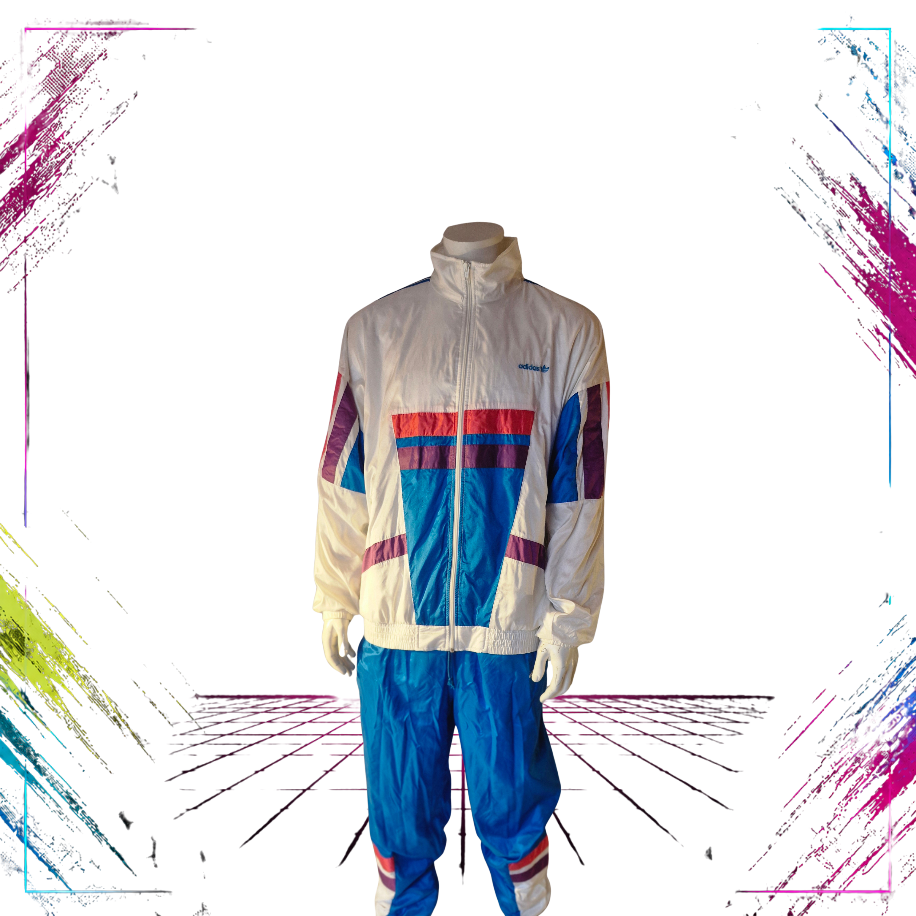 Adidas white colorful windbreaker jacket 90s vintage sportswear front – ThePlugOfVintage
