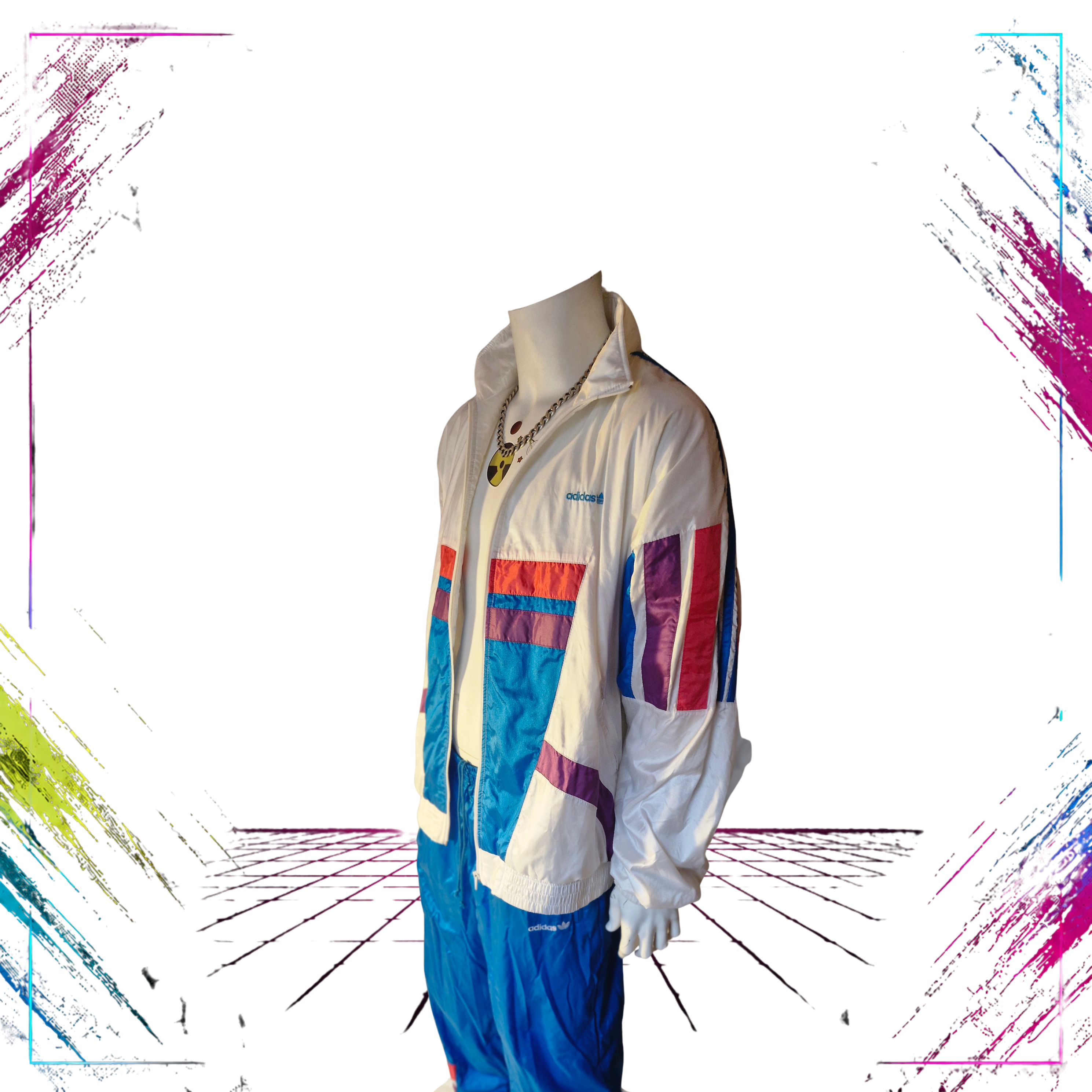Adidas white windbreaker fullset 90s vintage tracksuit front – ThePlugOfVintage