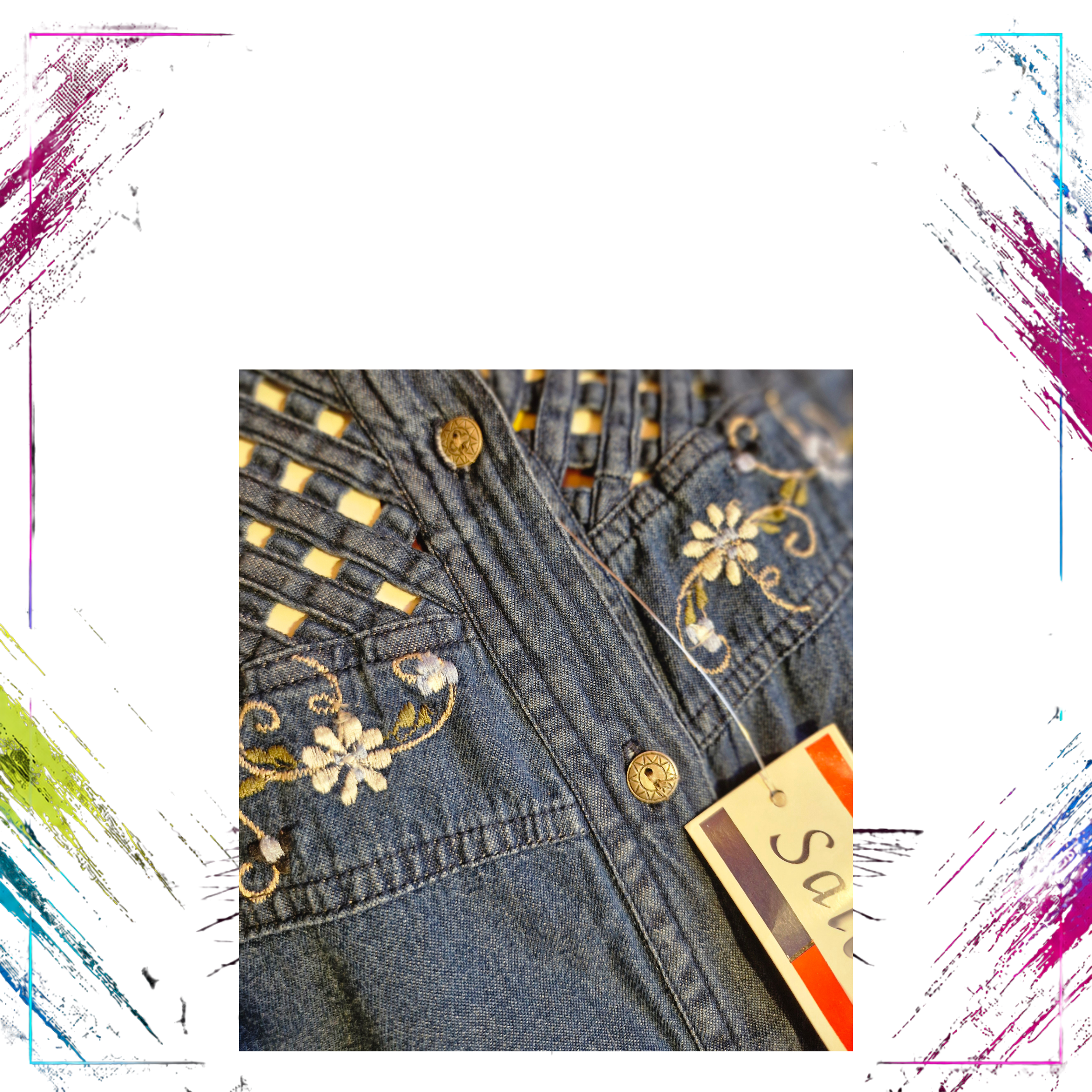 Finnish vintage Salonie Embroidered Denim Shirt close details front -theplugofvintage