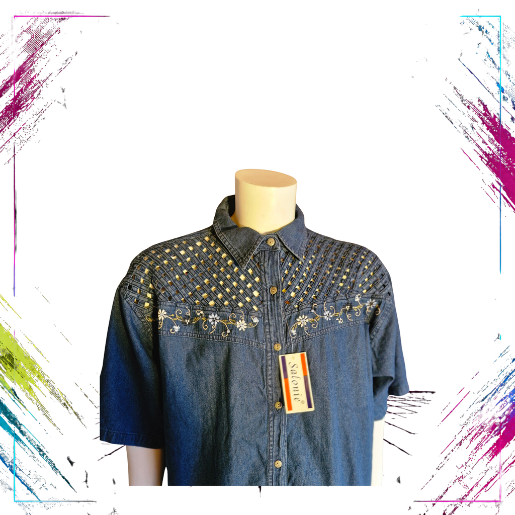 Finnish vintage Salonie Embroidered Denim Shirt front details -theplugofvintage