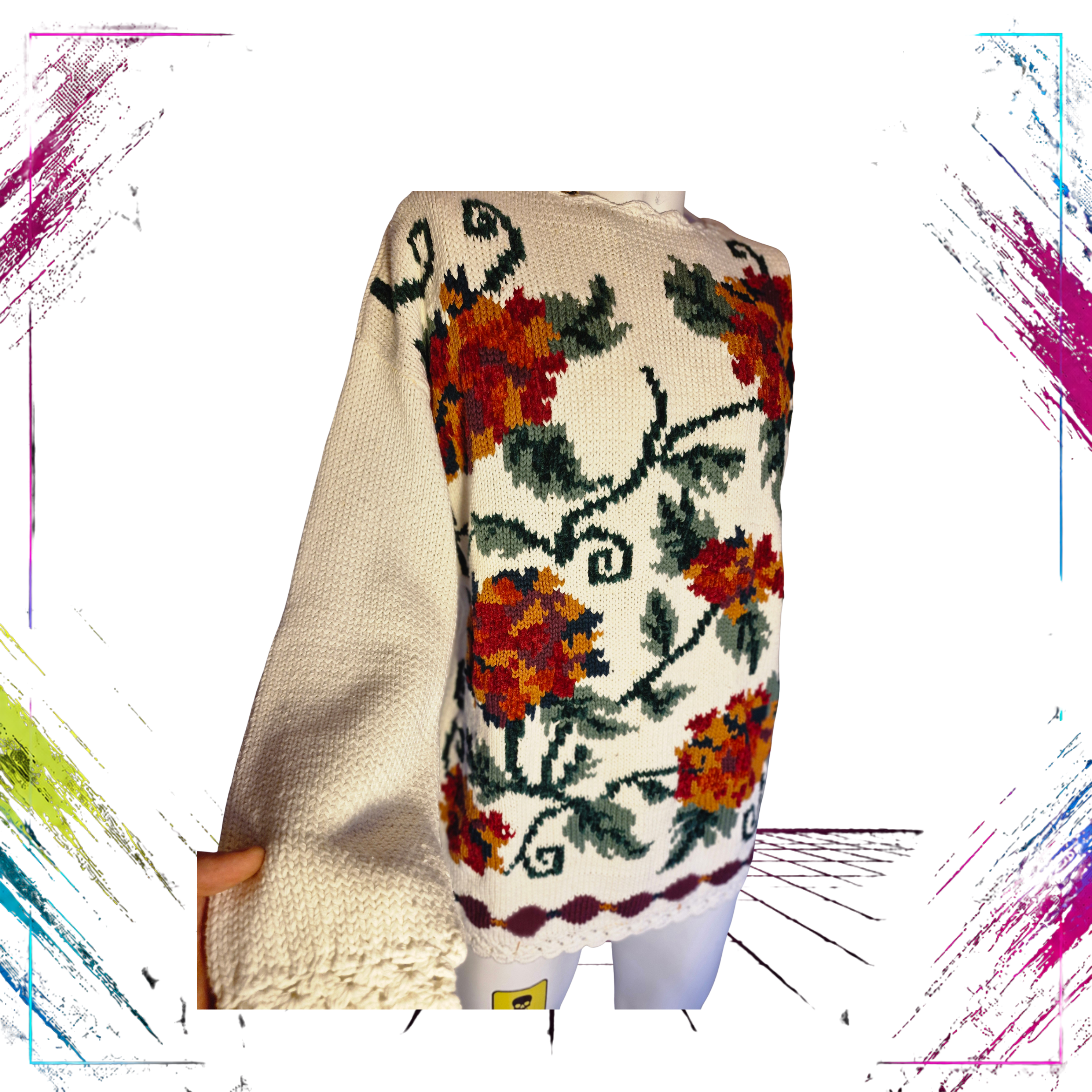 Jardin Vintage Handknitted Rose Wool Shirt details -theplugofvintage