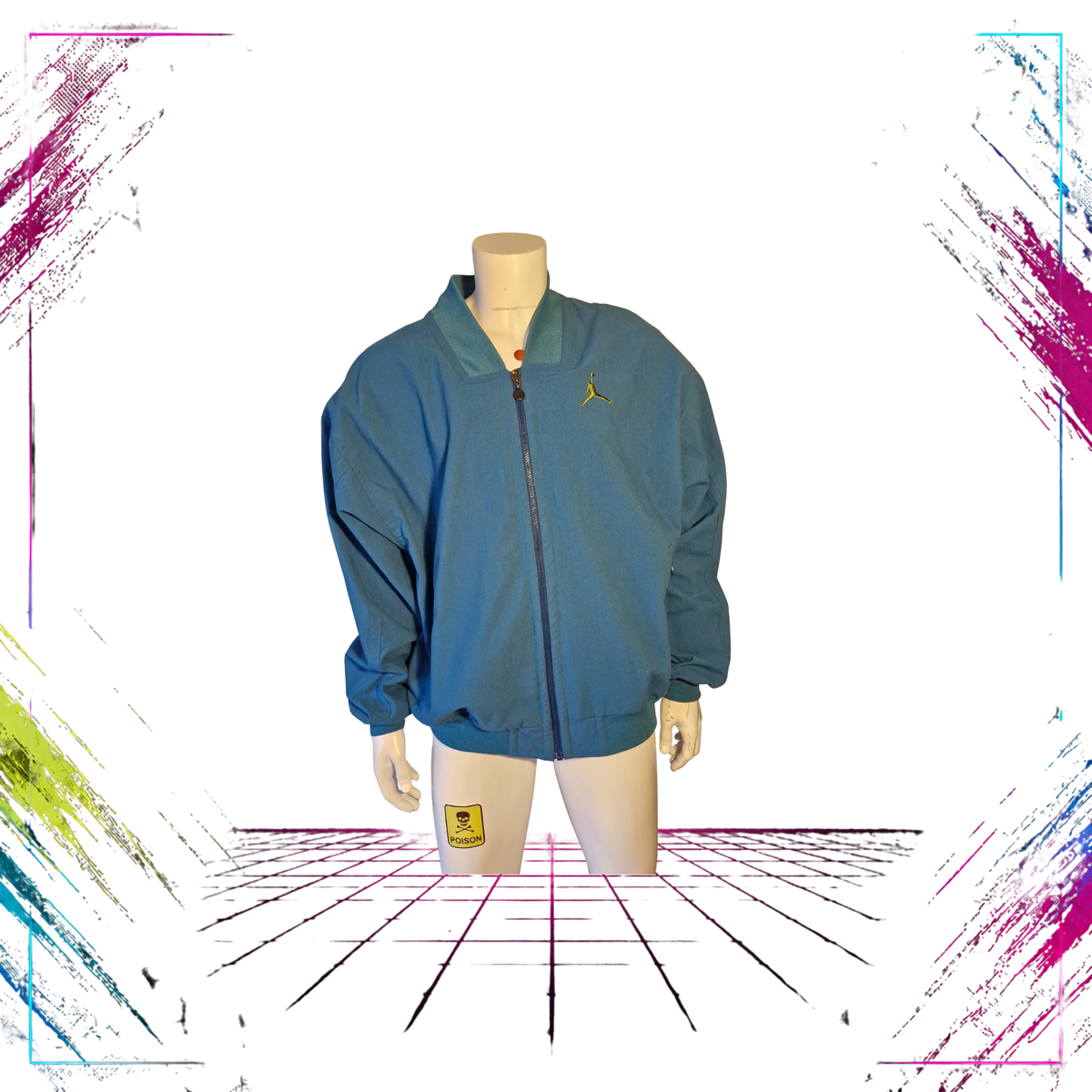 1991 Nike Air Jordan Flight heavyweight bomber jacket — front open view, deep teal/volt lime green — Size XL — ThePlugOfVintage