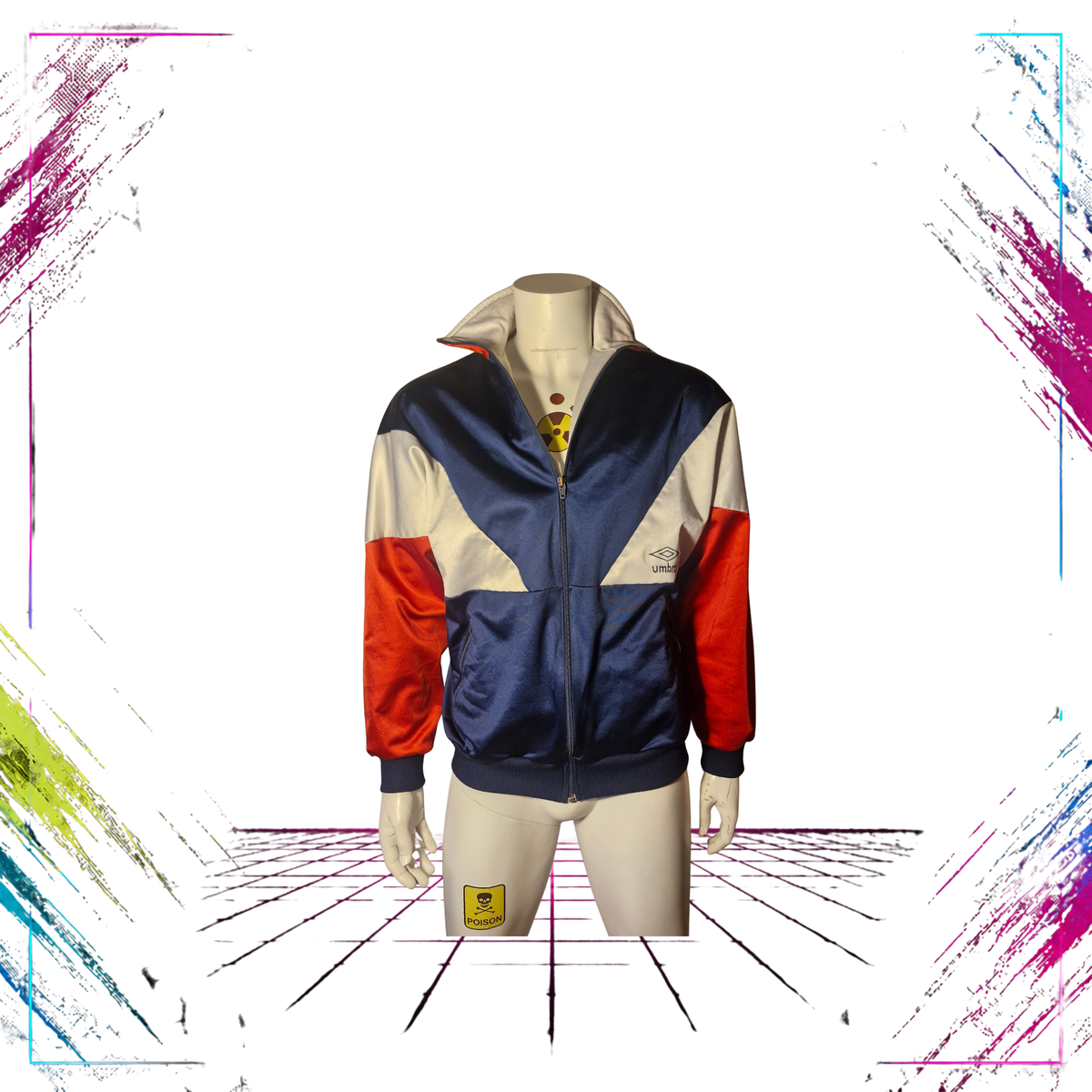 Late 80s early 90s Umbro colourblock track jacket — front open view, dark navy/white/red — Size S/M — ThePlugOfVintage