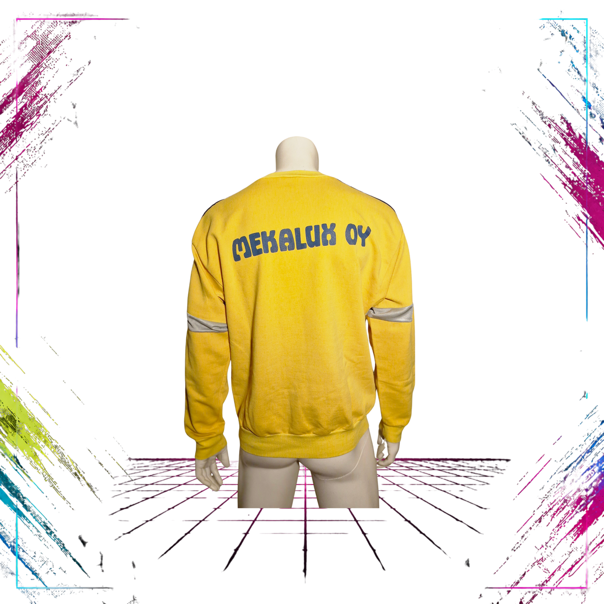 Late 80s Adidas Mekalux OY industrial crewneck — back view with MEKALUX OY print — ThePlugOfVintage