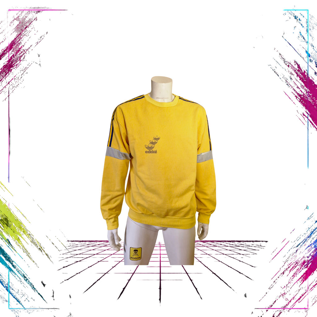 Late 80s Adidas Mekalux OY industrial crewneck — front view, yellow/navy — Size L — Made in Finland — ThePlugOfVintage