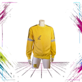 Late 80s Adidas Mekalux OY industrial crewneck — front view, yellow/navy — Size L — Made in Finland — ThePlugOfVintage