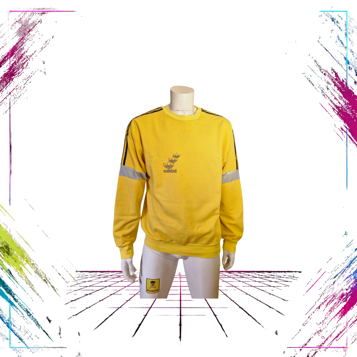 Late 80s Adidas Mekalux OY industrial crewneck — front view, yellow/navy — Size L — Made in Finland — ThePlugOfVintage