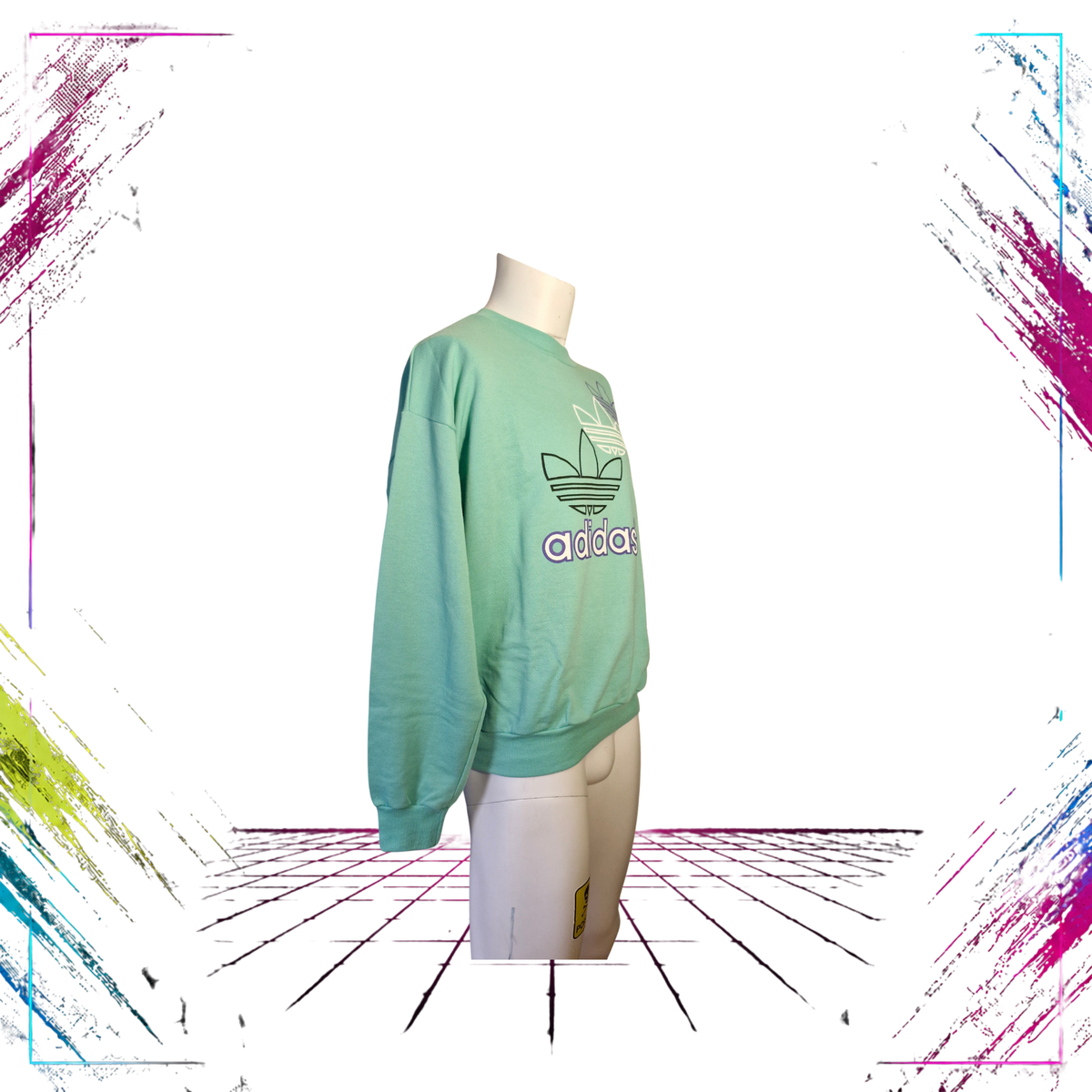 Late 80s Adidas Trefoil crewneck sweatshirt — front side view, puff print detail — ThePlugOfVintage