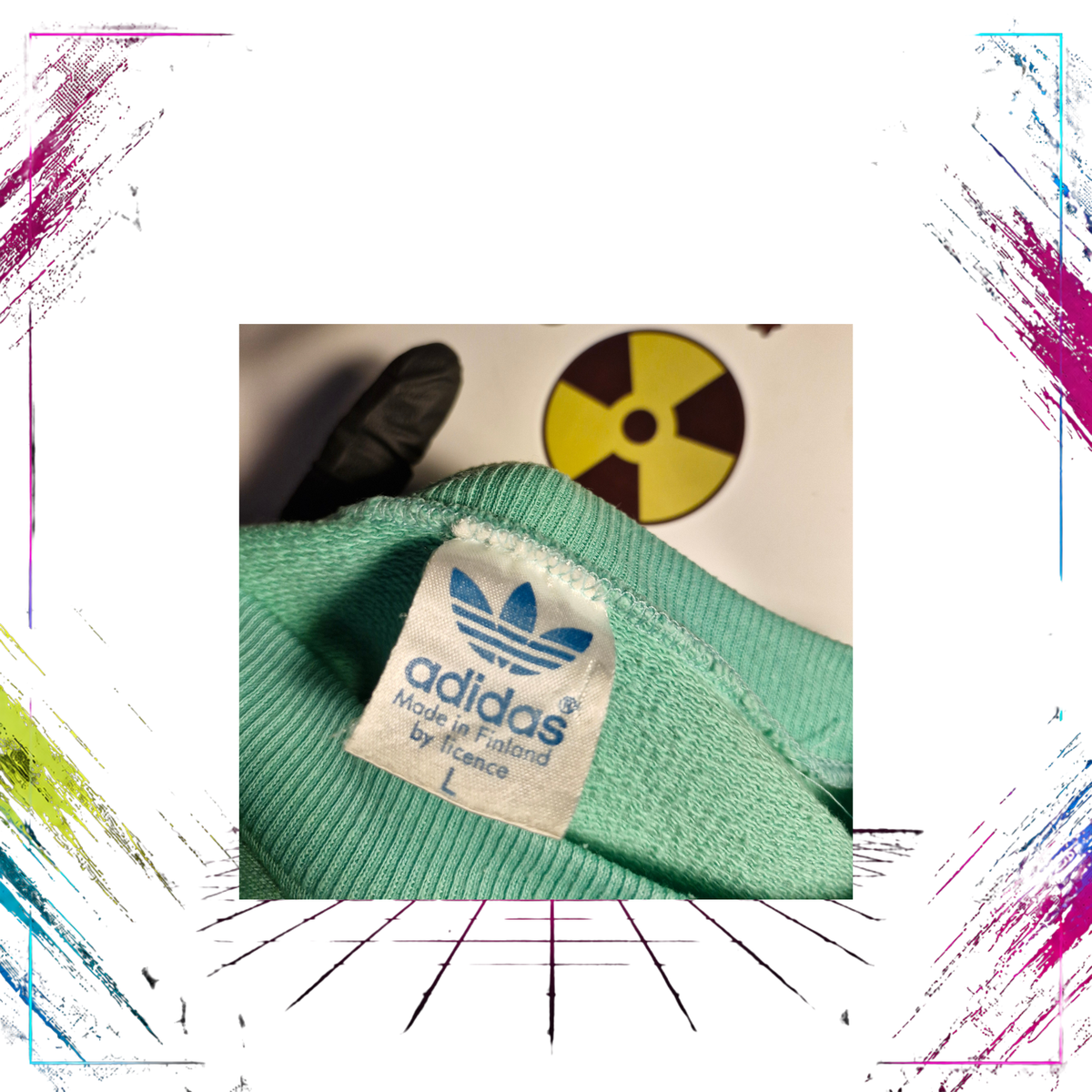 Late 80s Adidas Trefoil crewneck sweatshirt — Made in Finland by Licence label close-up — ThePlugOfVintage
