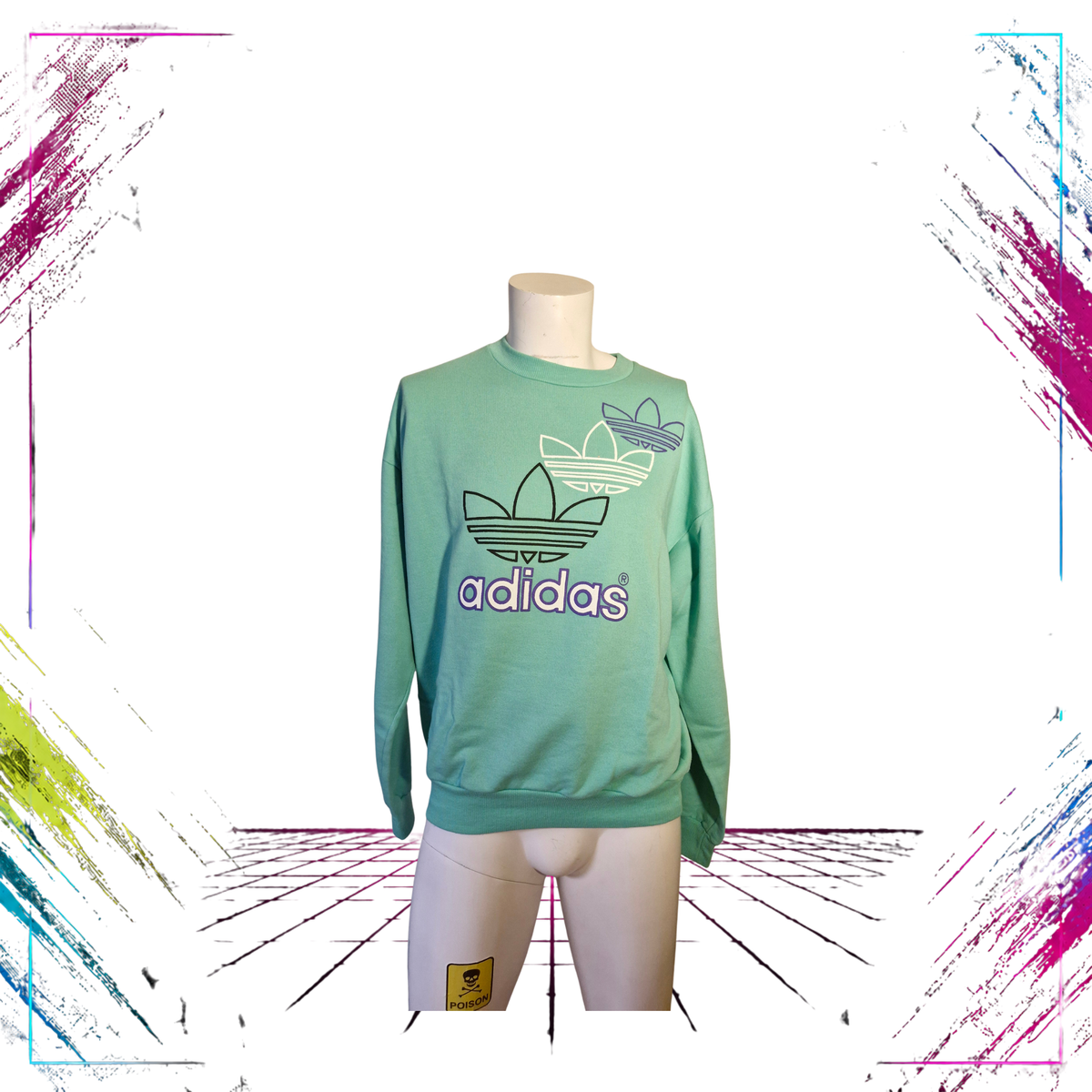 Late 80s Adidas Trefoil crewneck sweatshirt — front view, mint green puff print — Made in Finland — Size L — ThePlugOfVintage