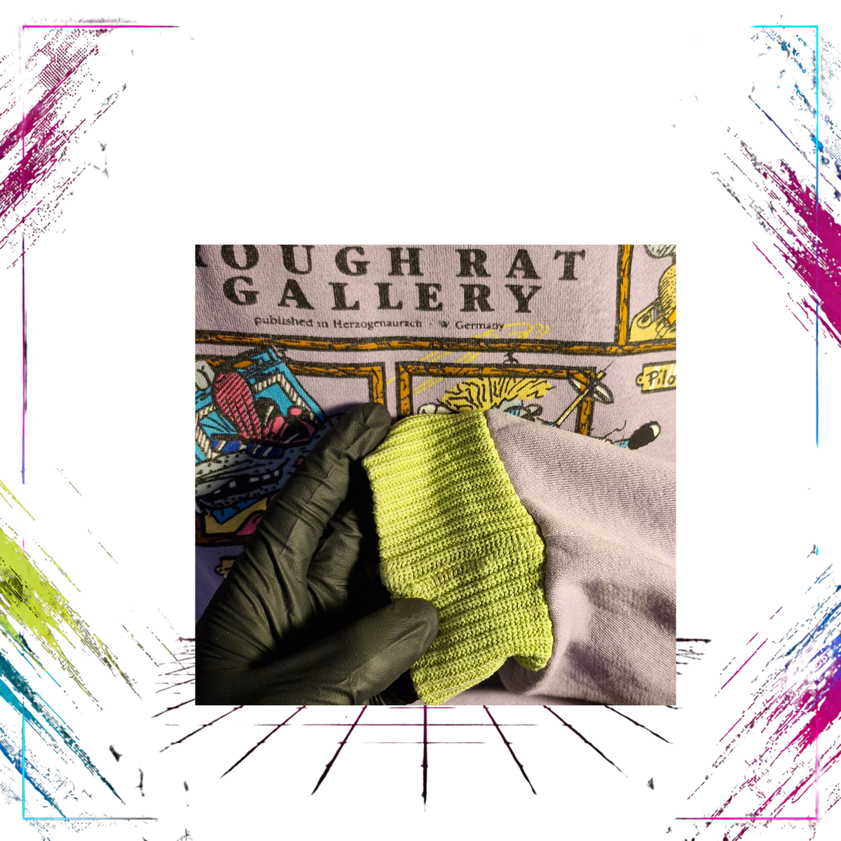Early 90s Adidas Take Off Rough Rat Gallery crewneck — sleeve detail with lime green ribbing — ThePlugOfVintage