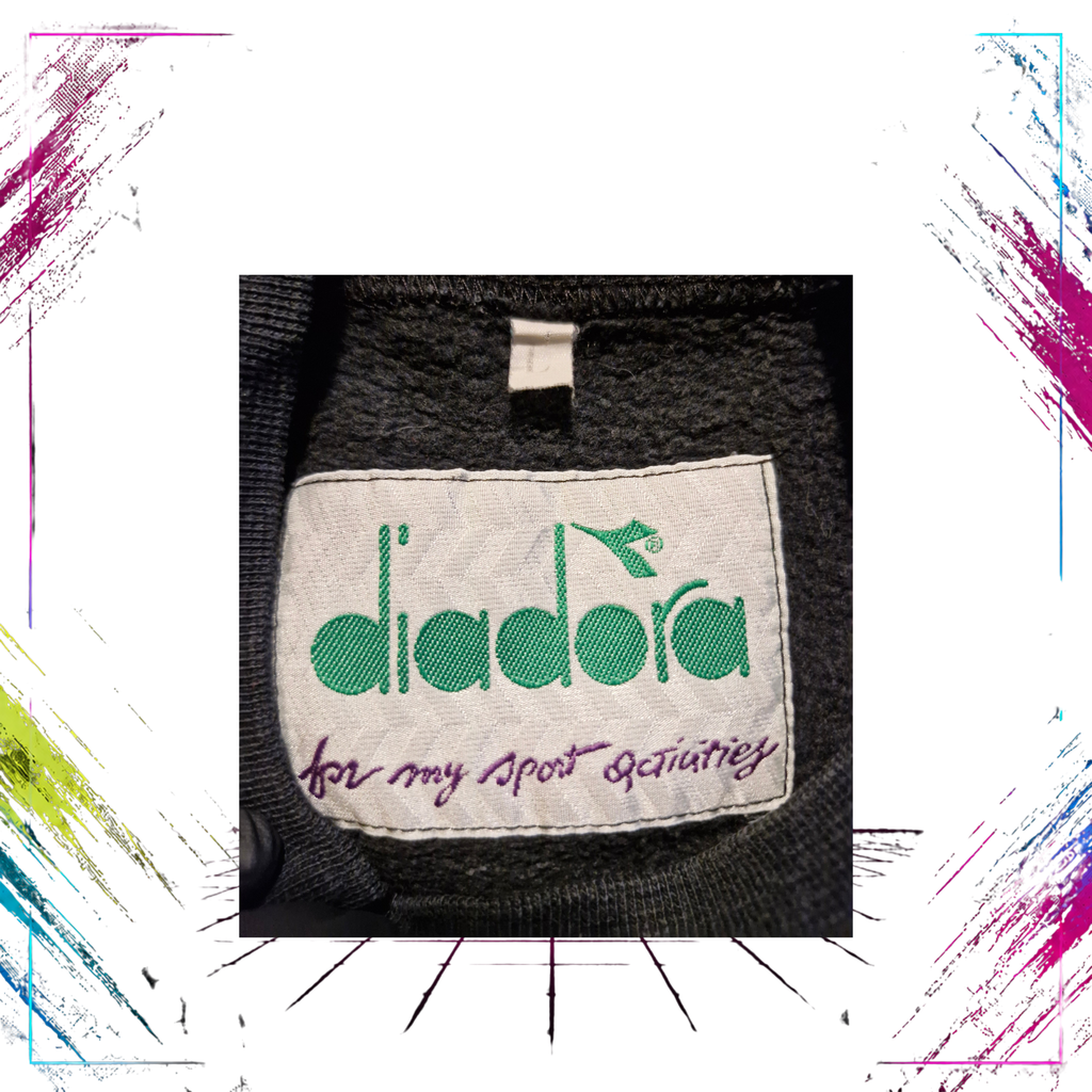 Late 80s Diadora For My Sport Activities striped sleeve sweatshirt — Made in Italy label close-up — ThePlugOfVintage