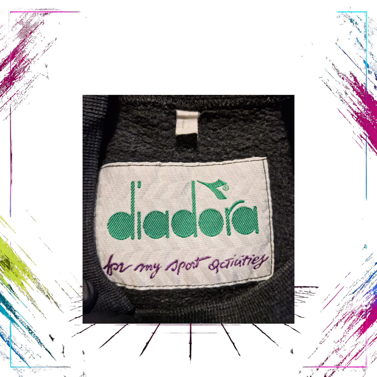 Late 80s Diadora For My Sport Activities striped sleeve sweatshirt — Made in Italy label close-up — ThePlugOfVintage