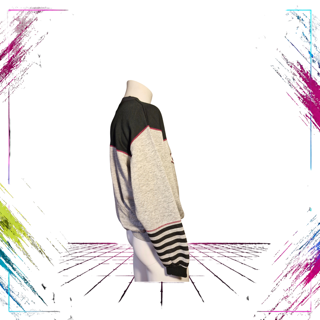 Late 80s Diadora For My Sport Activities striped sleeve sweatshirt — side view, sleeve stripe detail — ThePlugOfVintage