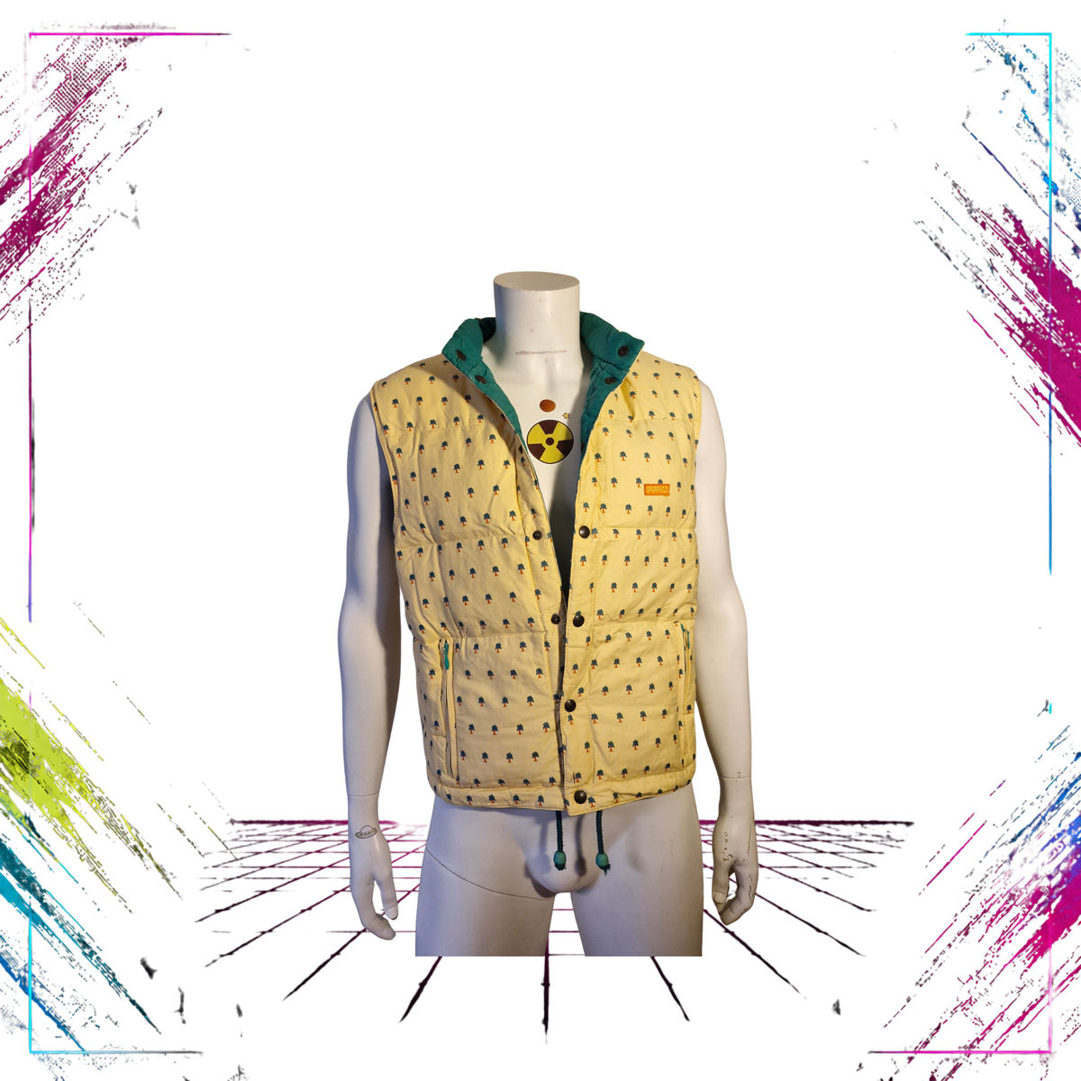Late 80s Gigi Rizzi reversible puffer vest — both sides shown, dark green and yellow palm tree — Size XS — ThePlugOfVintage