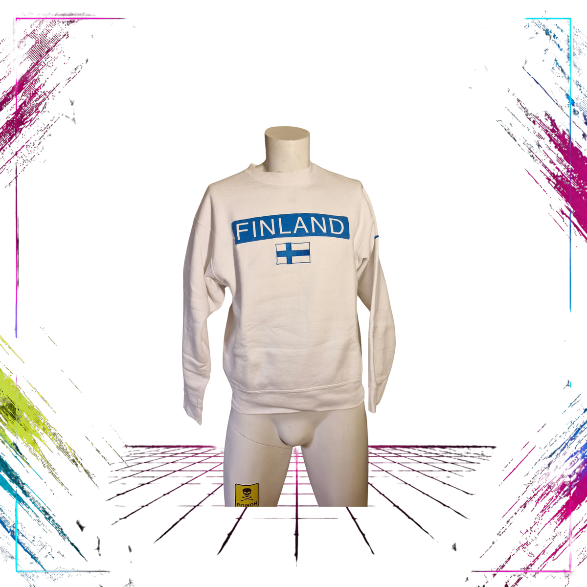 Mid 90s Nike White Tag Finland National Team player-issued crewneck — front view, FINLAND chest embroidery — Size M — ThePlugOfVintage